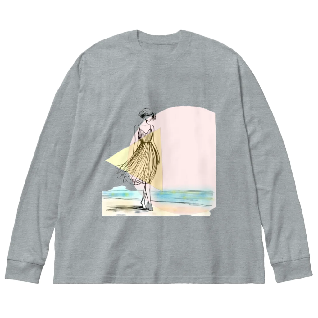 Kura88の海岸を歩く女性 ビッグシルエットロングスリーブTシャツ