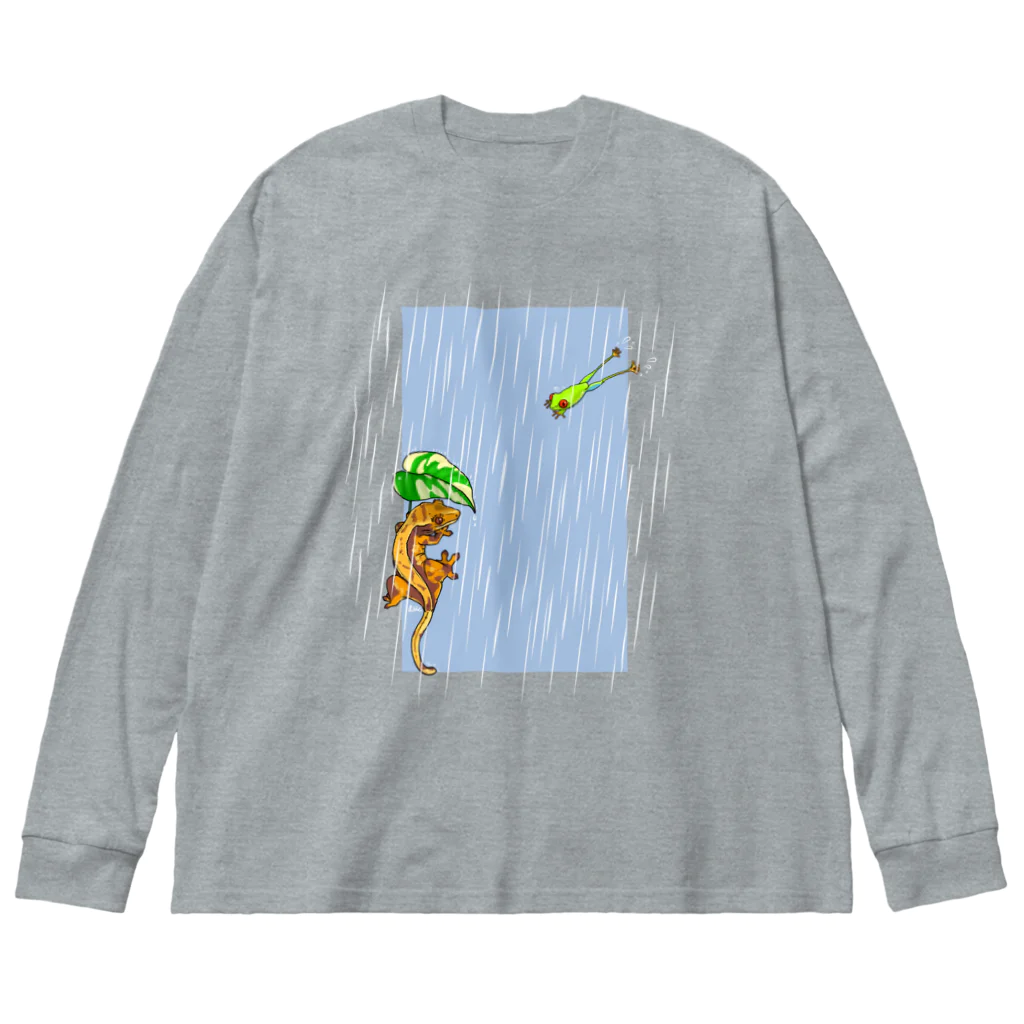檸檬飴の雨の日のアカメアマガエルとクレステッドゲッコー(ピンストライプ) Big Long Sleeve T-Shirt