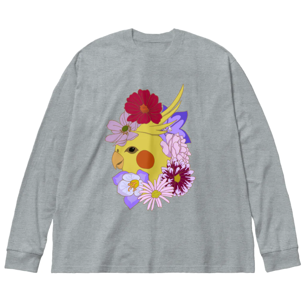 prunelleのインコと花 ビッグシルエットロングスリーブTシャツ