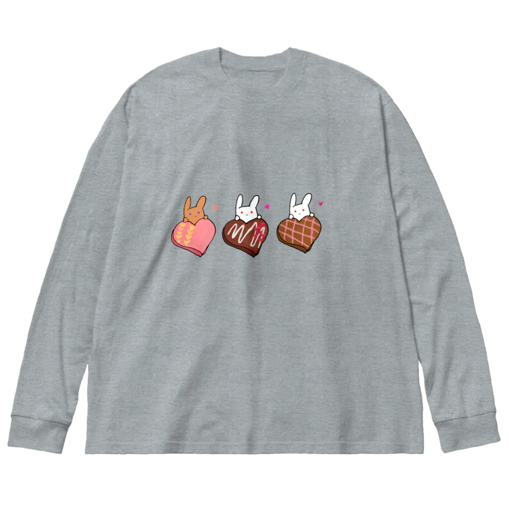 もふりんごのうさぎと桃・ラズベリークランチ・チェックのチョコレート ビッグシルエットロングスリーブTシャツ