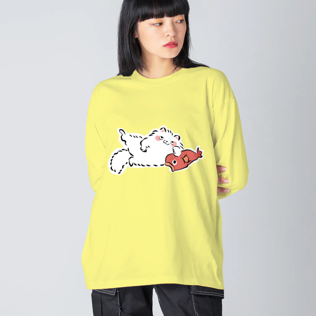 ふんわり本舗のしろねこ（with 魚） ビッグシルエットロングスリーブTシャツ