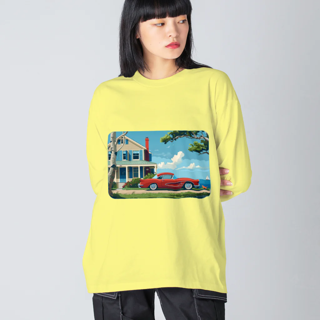 MistyStarkの赤いコルベットと海辺の家　－　red corvette and seaside house　－ ビッグシルエットロングスリーブTシャツ