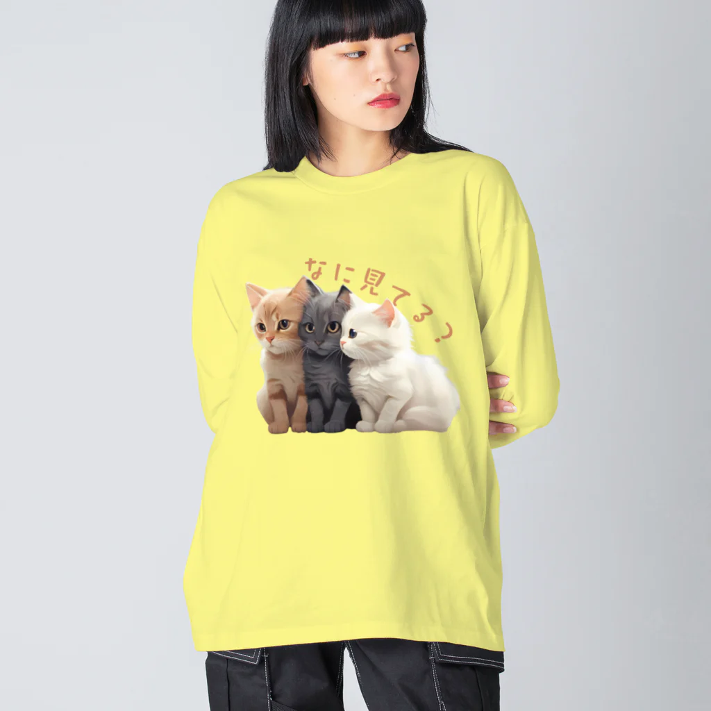 HappyFaceMarketのなに見てるのかな？３匹の子猫 ビッグシルエットロングスリーブTシャツ