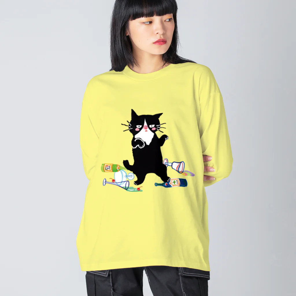 マイマイタケの酔拳キャット（黒猫） ビッグシルエットロングスリーブTシャツ