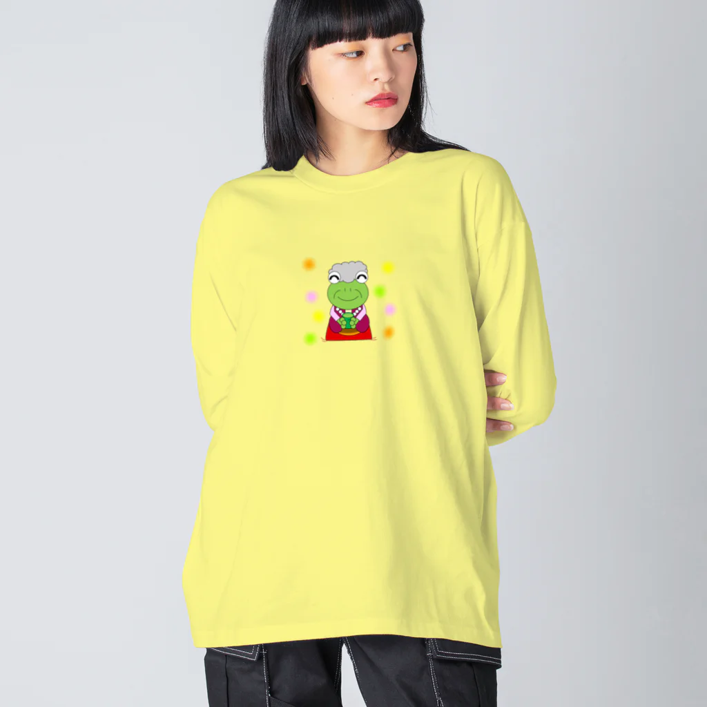 🐸かえるさんと仲間たち🐸のお茶を飲むかえるおばあちゃん ビッグシルエットロングスリーブTシャツ