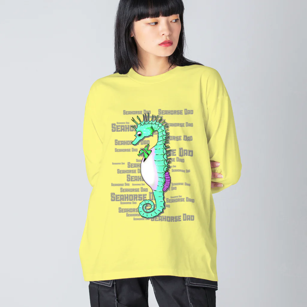 LalaHangeulのSeahorse Dad グリーン ビッグシルエットロングスリーブTシャツ