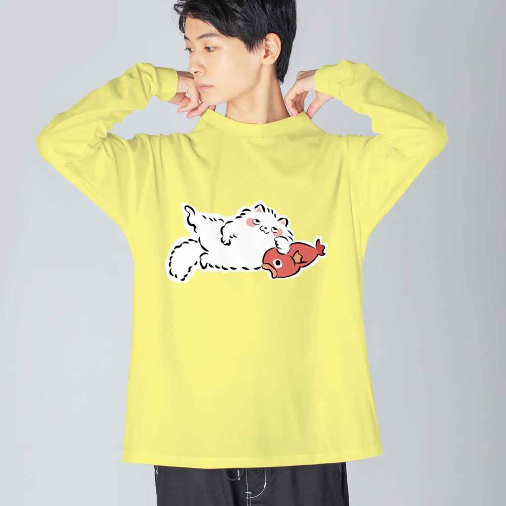 ふんわり本舗のしろねこ（with 魚） ビッグシルエットロングスリーブTシャツ