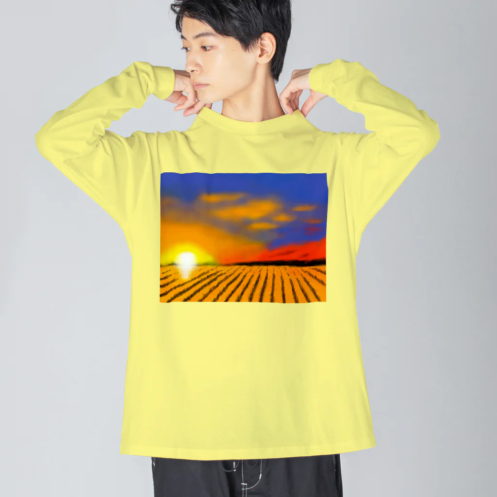 日々好日屋2号店の田んぼと夕焼け ビッグシルエットロングスリーブTシャツ