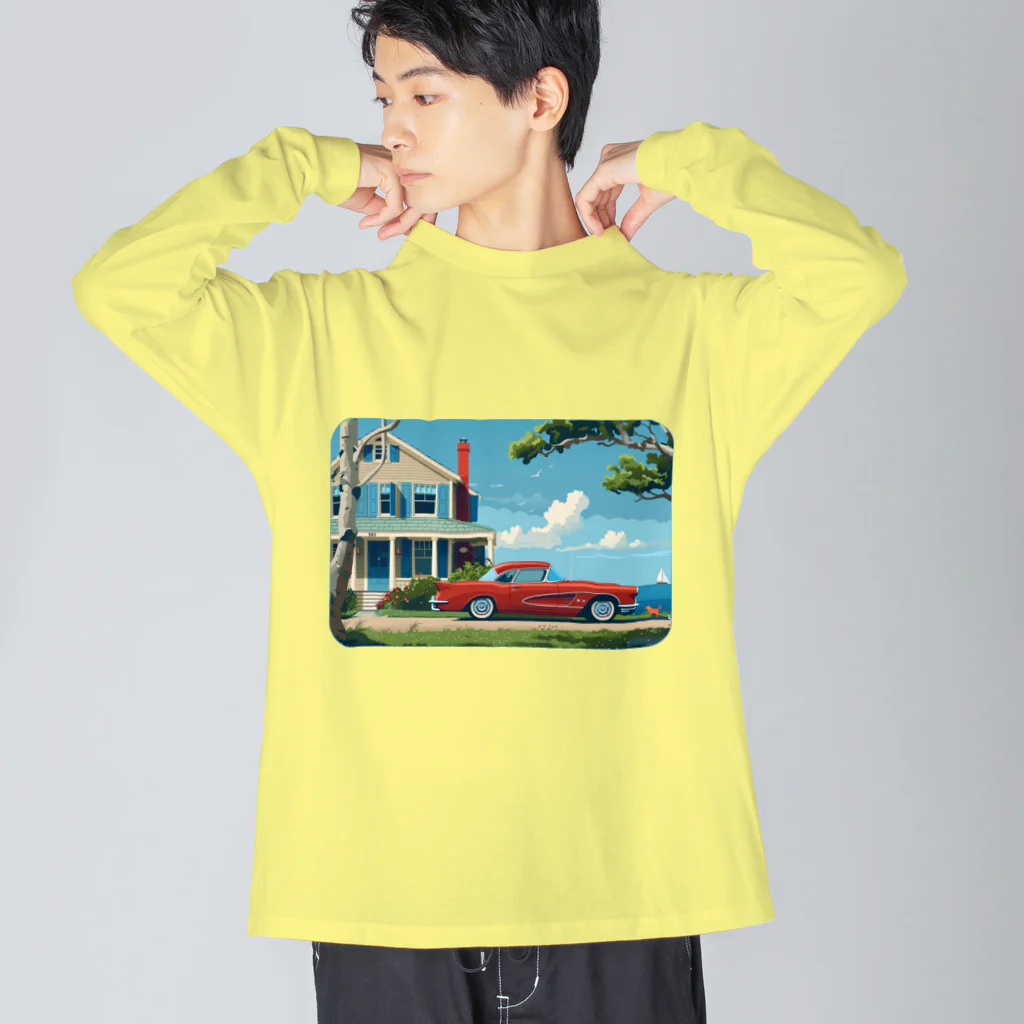 MistyStarkの赤いコルベットと海辺の家　－　red corvette and seaside house　－ ビッグシルエットロングスリーブTシャツ