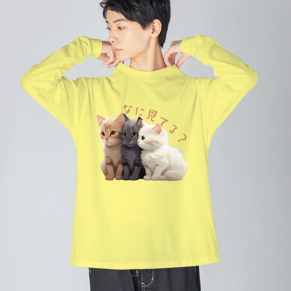 HappyFaceMarketのなに見てるのかな？３匹の子猫 ビッグシルエットロングスリーブTシャツ