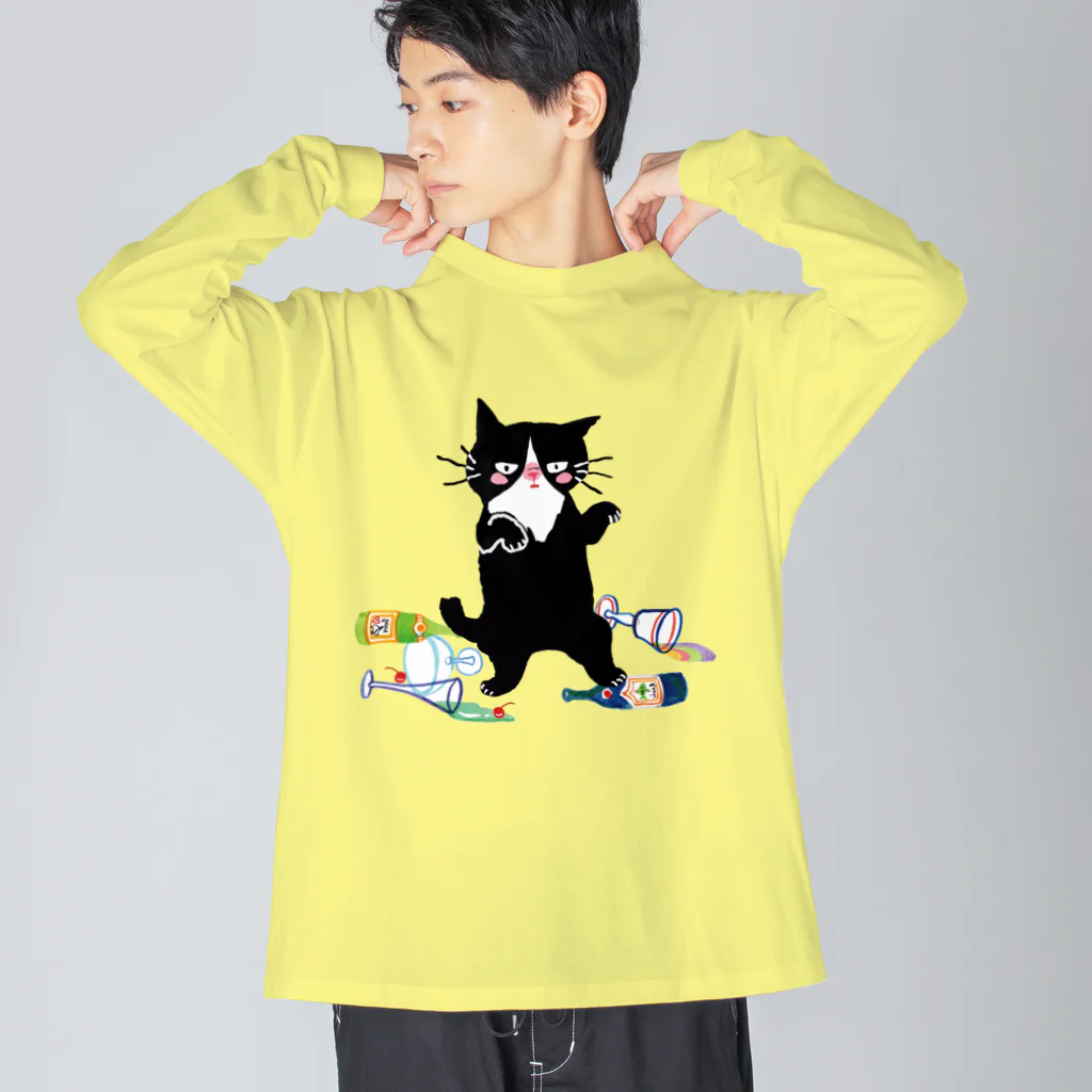 マイマイタケの酔拳キャット（黒猫） ビッグシルエットロングスリーブTシャツ