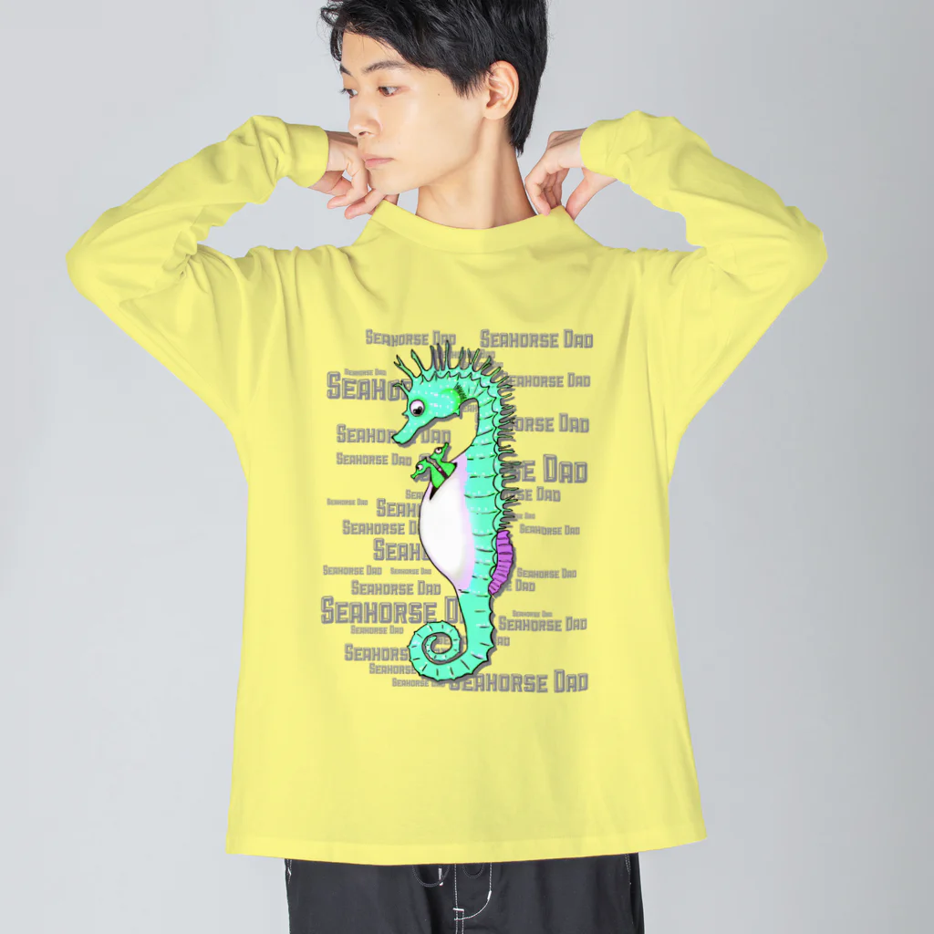 LalaHangeulのSeahorse Dad グリーン ビッグシルエットロングスリーブTシャツ