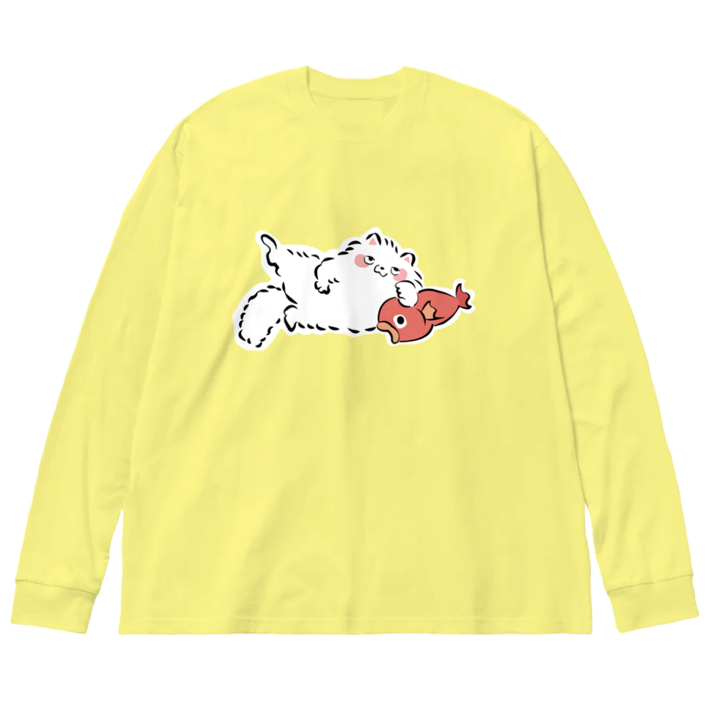 ふんわり本舗のしろねこ（with 魚） ビッグシルエットロングスリーブTシャツ