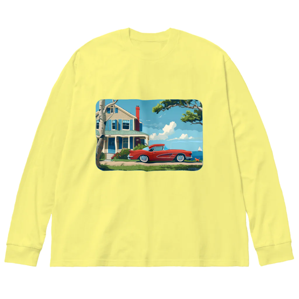 MistyStarkの赤いコルベットと海辺の家　－　red corvette and seaside house　－ ビッグシルエットロングスリーブTシャツ