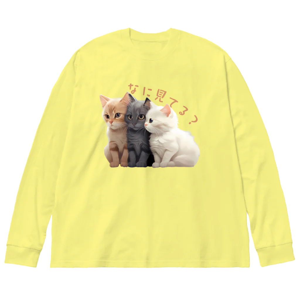 HappyFaceMarketのなに見てるのかな？３匹の子猫 ビッグシルエットロングスリーブTシャツ