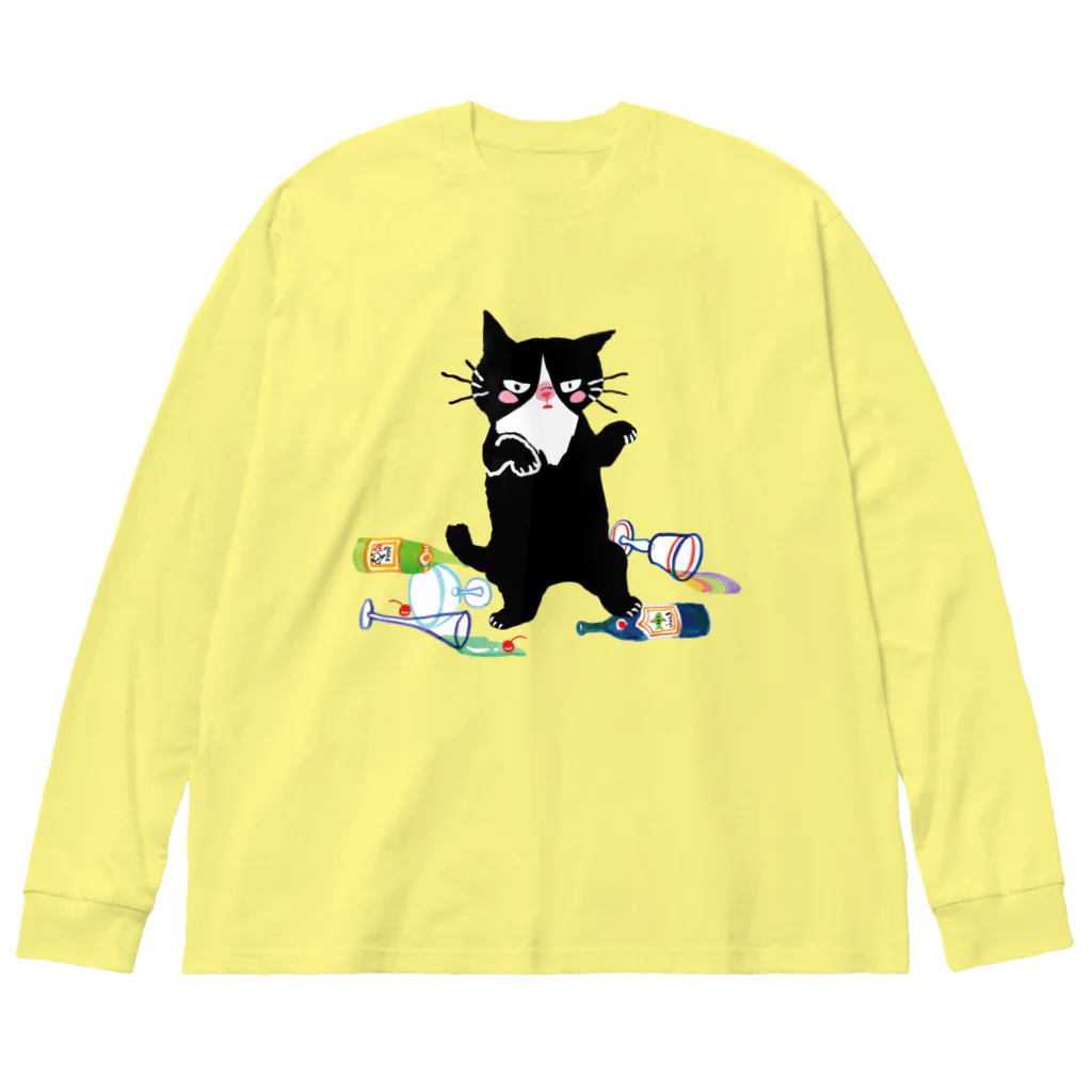 マイマイタケの酔拳キャット（黒猫） ビッグシルエットロングスリーブTシャツ