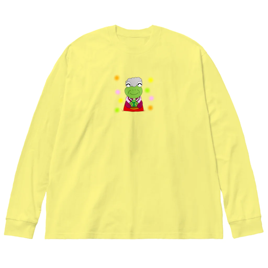 🐸かえるさんと仲間たち🐸のお茶を飲むかえるおばあちゃん ビッグシルエットロングスリーブTシャツ