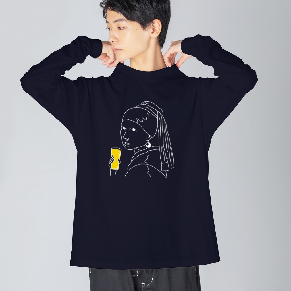 TM-3 Designの名画 × BEER（真珠の耳飾りの少女）白線画 *文字なしver. Big Long Sleeve T-Shirt