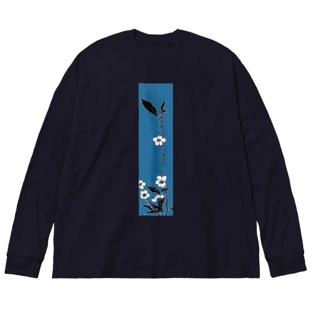 PALA's SHOP　cool、シュール、古風、和風、の和風柄　白と黒　花模様　(青) Big Long Sleeve T-Shirt