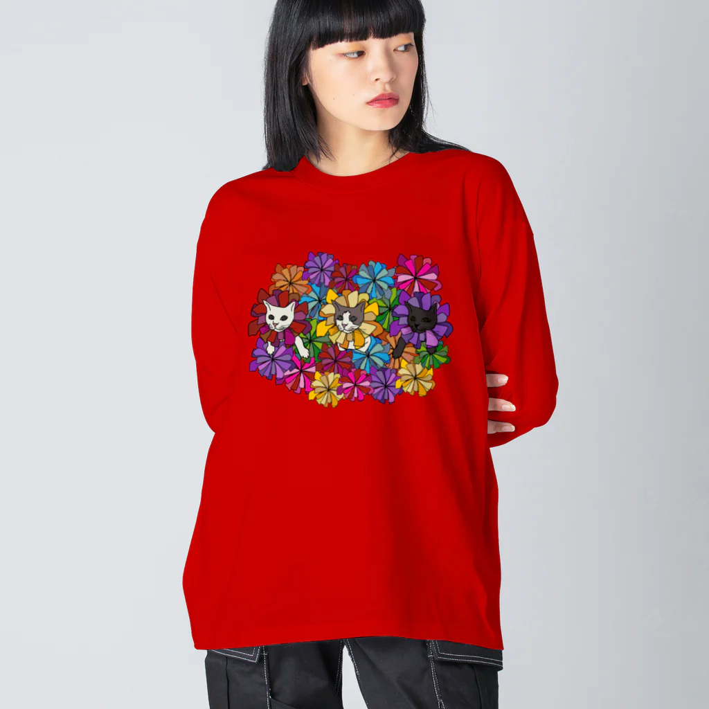 うめぼしととまととごはん。のにゃんこ花畑。 ビッグシルエットロングスリーブTシャツ