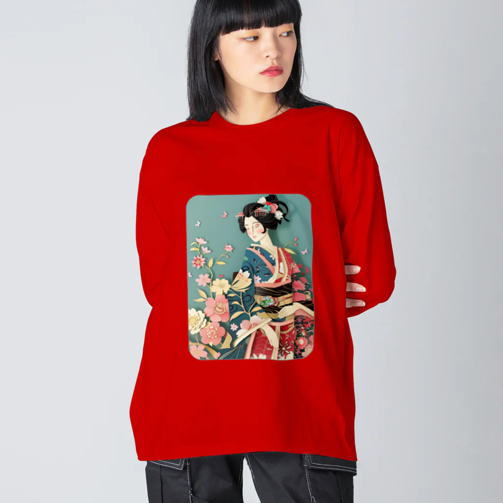 MistyStarkの着物女性の切り絵アート　―　Kimono woman paper-cutting art　ー ビッグシルエットロングスリーブTシャツ