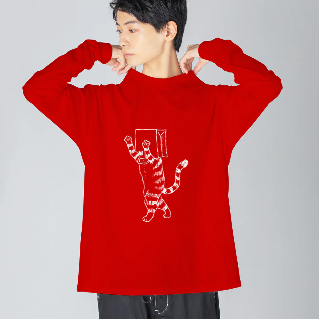 neconos Goodsのふくろねこ白プリント（ねこかもいぬかも） ビッグシルエットロングスリーブTシャツ