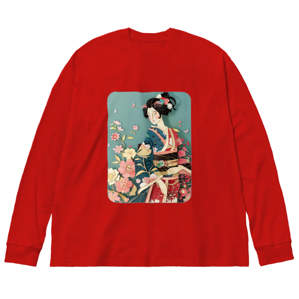 MistyStarkの着物女性の切り絵アート　―　Kimono woman paper-cutting art　ー ビッグシルエットロングスリーブTシャツ