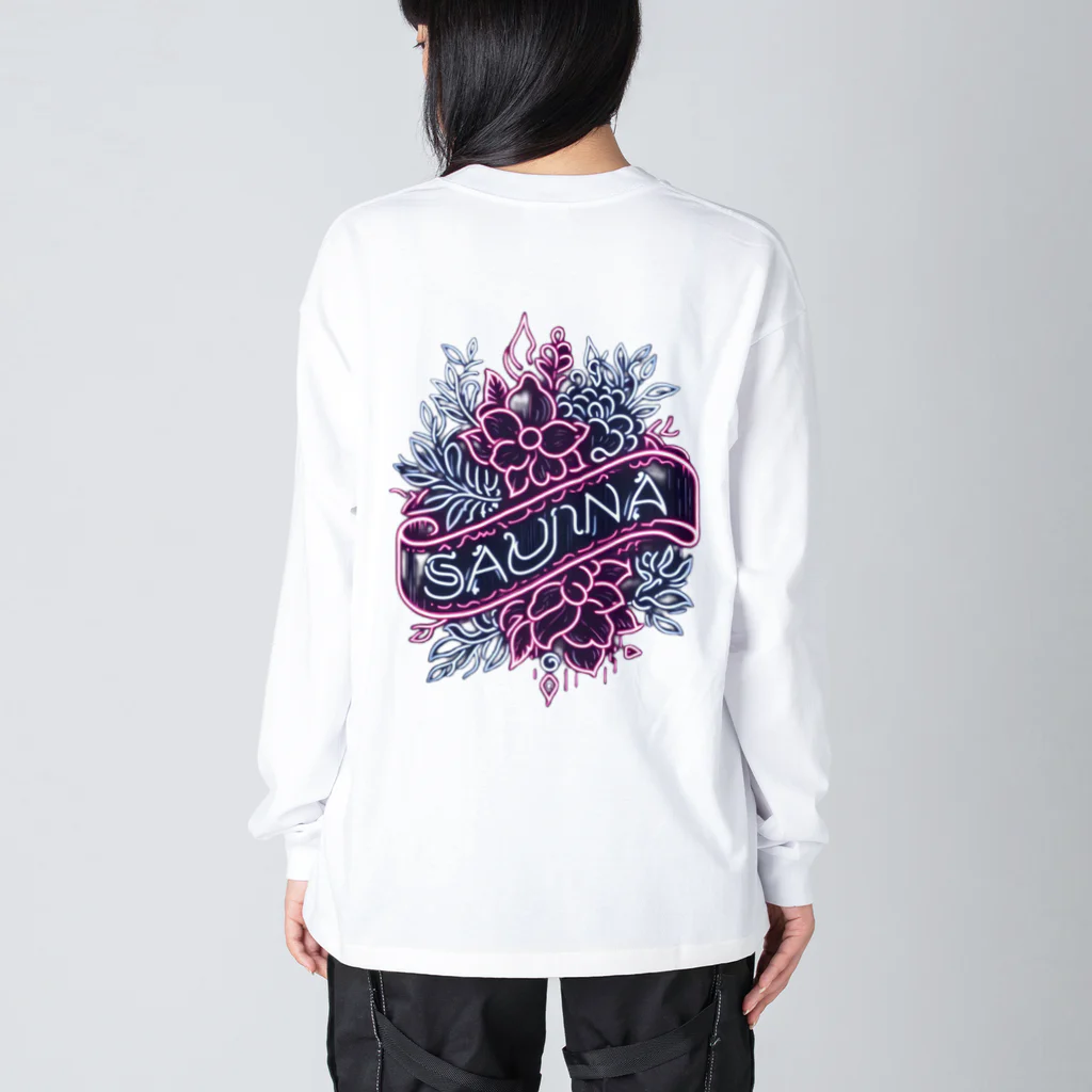 N SAUNA LOGOのネオン風花柄サウナロゴ11　花柄ver.4 ビッグシルエットロングスリーブTシャツ