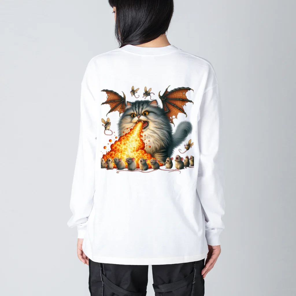 nekodoragonのブサカワ！火噴き猫ドラゴン　背景透過ver ビッグシルエットロングスリーブTシャツ
