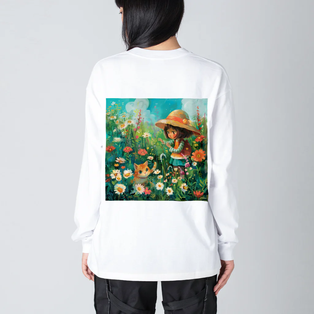 AQUAMETAVERSEのお花畑に囲まれる猫ちゃんと私 アメジスト 2846 Big Long Sleeve T-Shirt