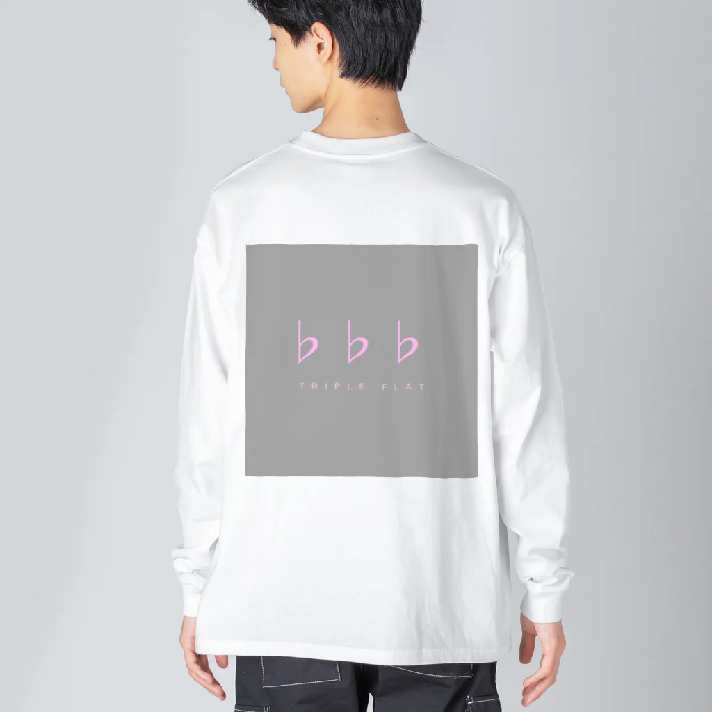 ♭♭♭(トリプルフラット)のピンク字（背景グレー） ビッグシルエットロングスリーブTシャツ