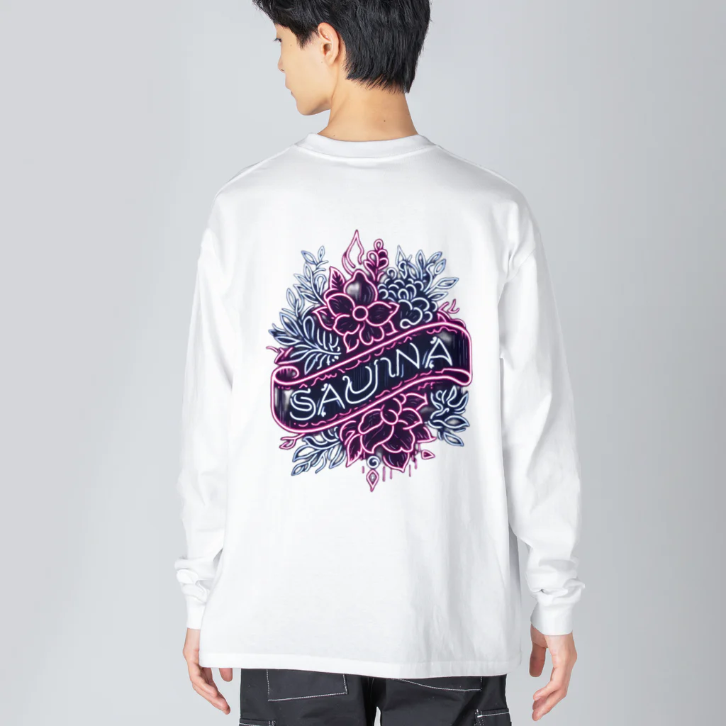 N SAUNA LOGOのネオン風花柄サウナロゴ11　花柄ver.4 ビッグシルエットロングスリーブTシャツ