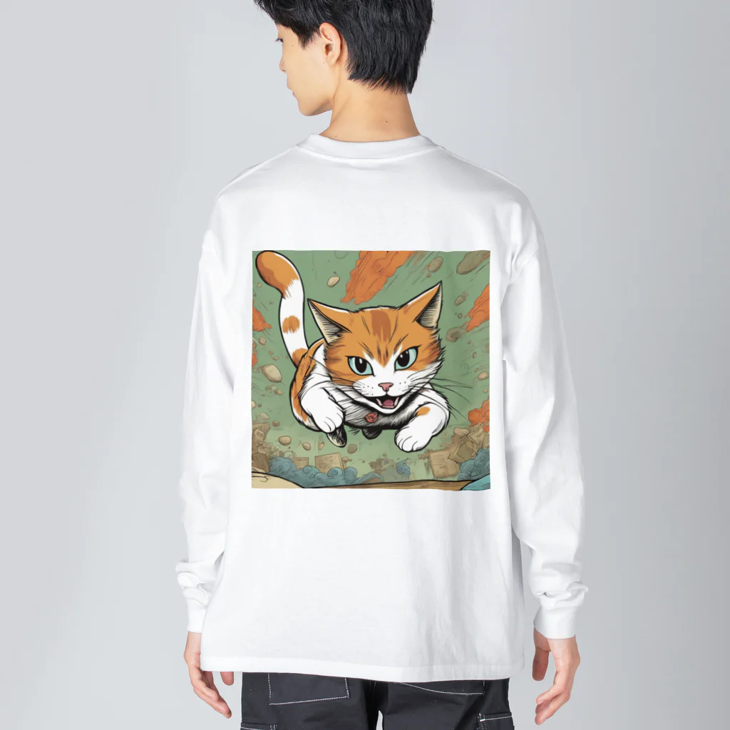 にゃんこーねこの飛び掛かる猫 ビッグシルエットロングスリーブTシャツ