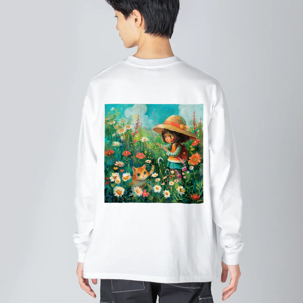 AQUAMETAVERSEのお花畑に囲まれる猫ちゃんと私 アメジスト 2846 ビッグシルエットロングスリーブTシャツ