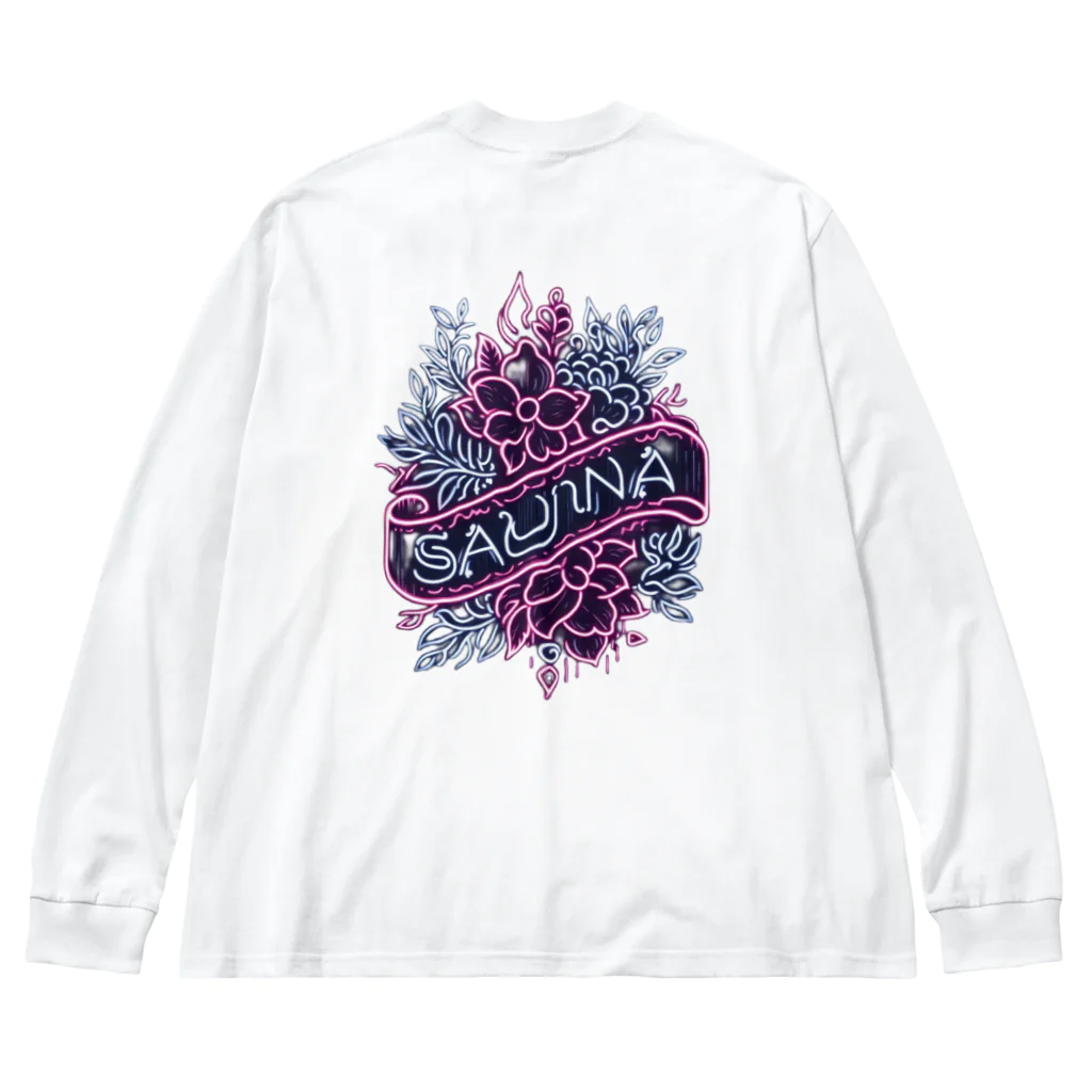 N SAUNA LOGOのネオン風花柄サウナロゴ11　花柄ver.4 ビッグシルエットロングスリーブTシャツ