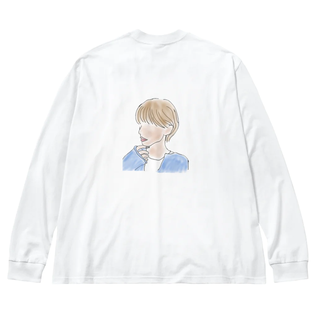 613の線画　ショートカット女の子 ビッグシルエットロングスリーブTシャツ