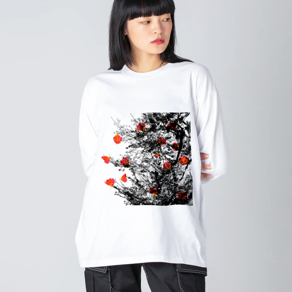 shi-chi Labo graph(詩一）の黒桜に木蓮蝶 ビッグシルエットロングスリーブTシャツ