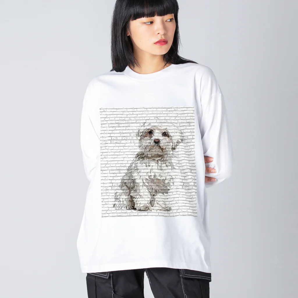 【CPPAS】Custom Pet Portrait Art Studioの マルチーズドッグ - レンガブロック背景 Big Long Sleeve T-Shirt