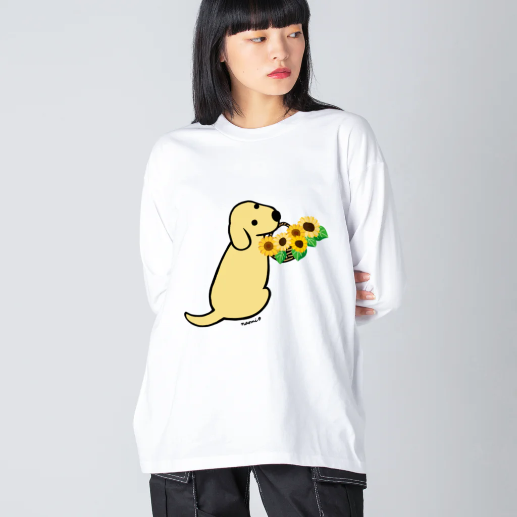 ハッピー・ラブラドールズの振り向くイエローラブラドールとひまわり Big Long Sleeve T-Shirt