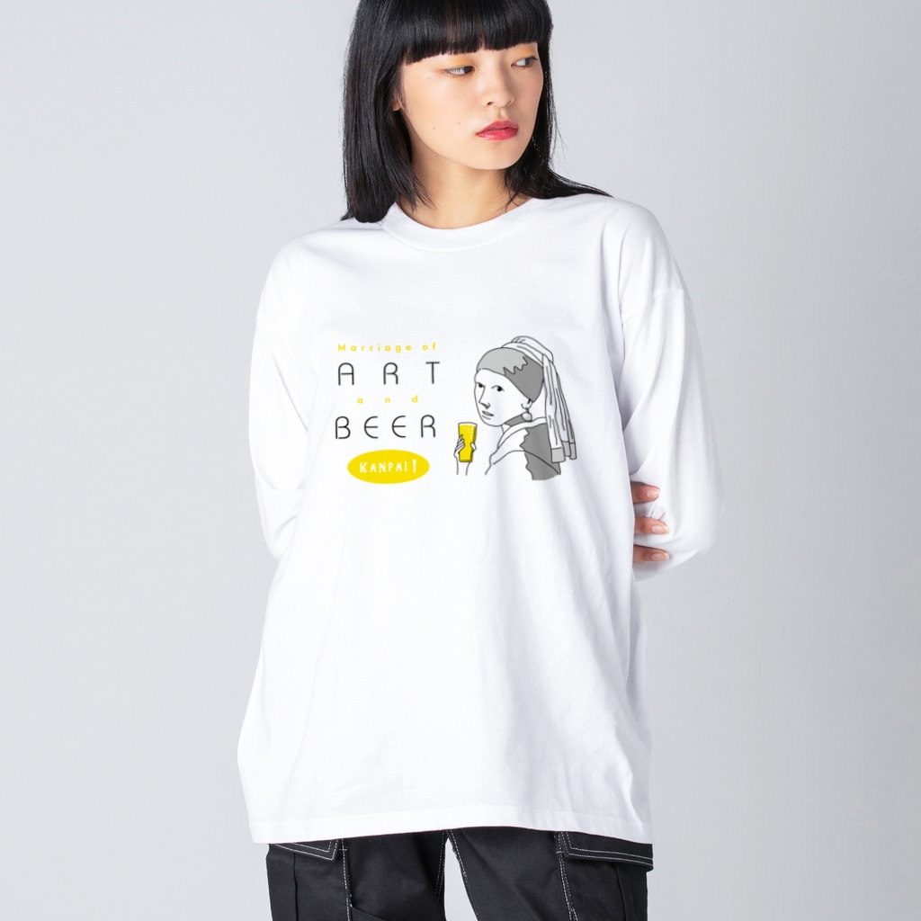 TM-3 Designの名画 × BEER（真珠の耳飾りの少女・アートとビールのマリアージュ）黒線画 Big Long Sleeve T-Shirt