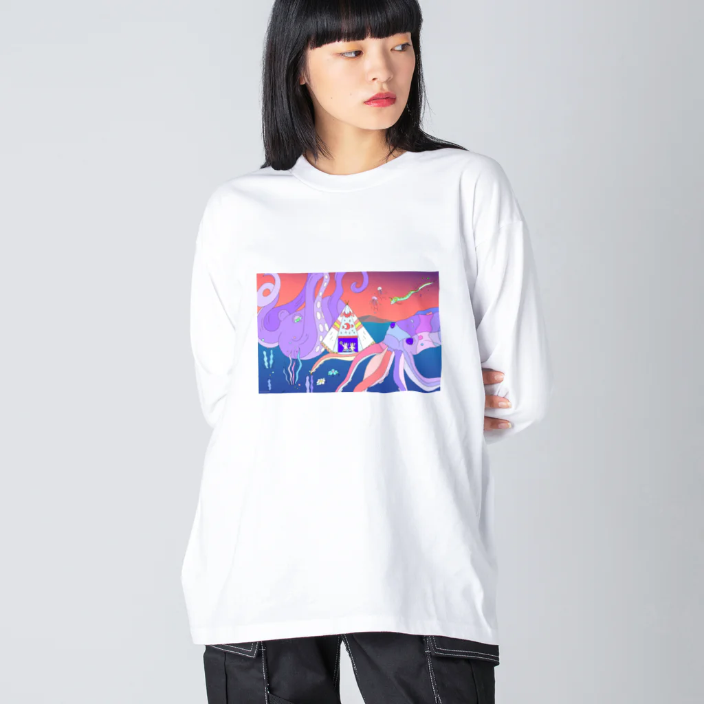 宇宙キャンプの深海でDJするねこ、タコとイカ、クラゲ、リュウグウノツカイ Big Long Sleeve T-Shirt