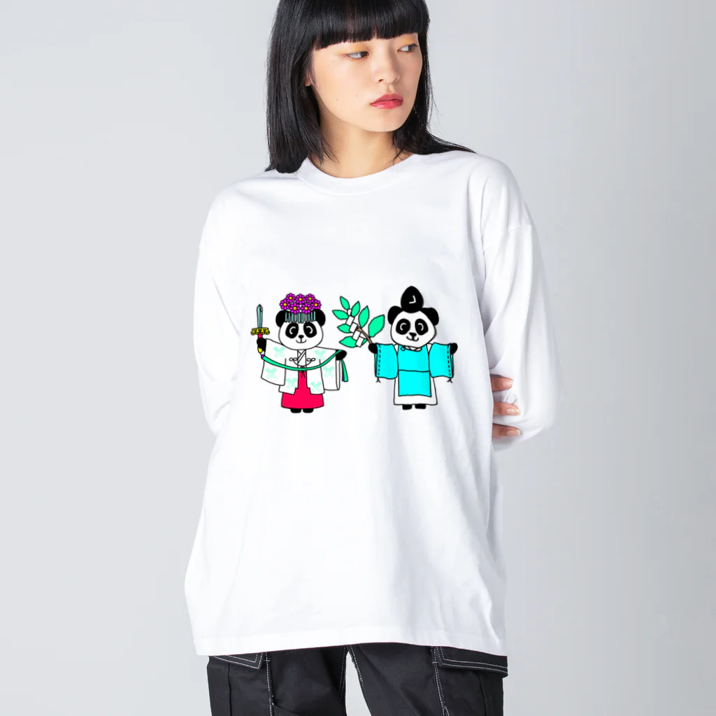 Tako＆Negi SUZURI支店のパンダ宮司とパンダ巫女淡色 Big Long Sleeve T-Shirt