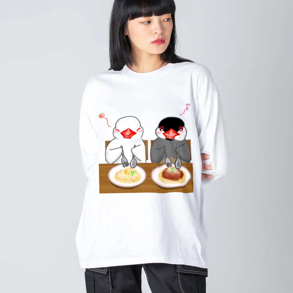 Lily bird（リリーバード）のパスタと白・桜文鳥ず ビッグシルエットロングスリーブTシャツ