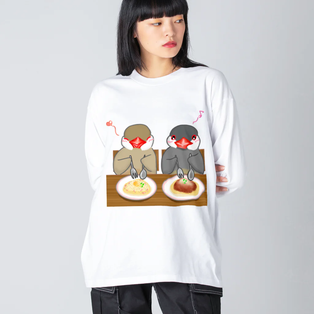 Lily bird（リリーバード）のパスタとシナモン・シルバー文鳥ず ビッグシルエットロングスリーブTシャツ