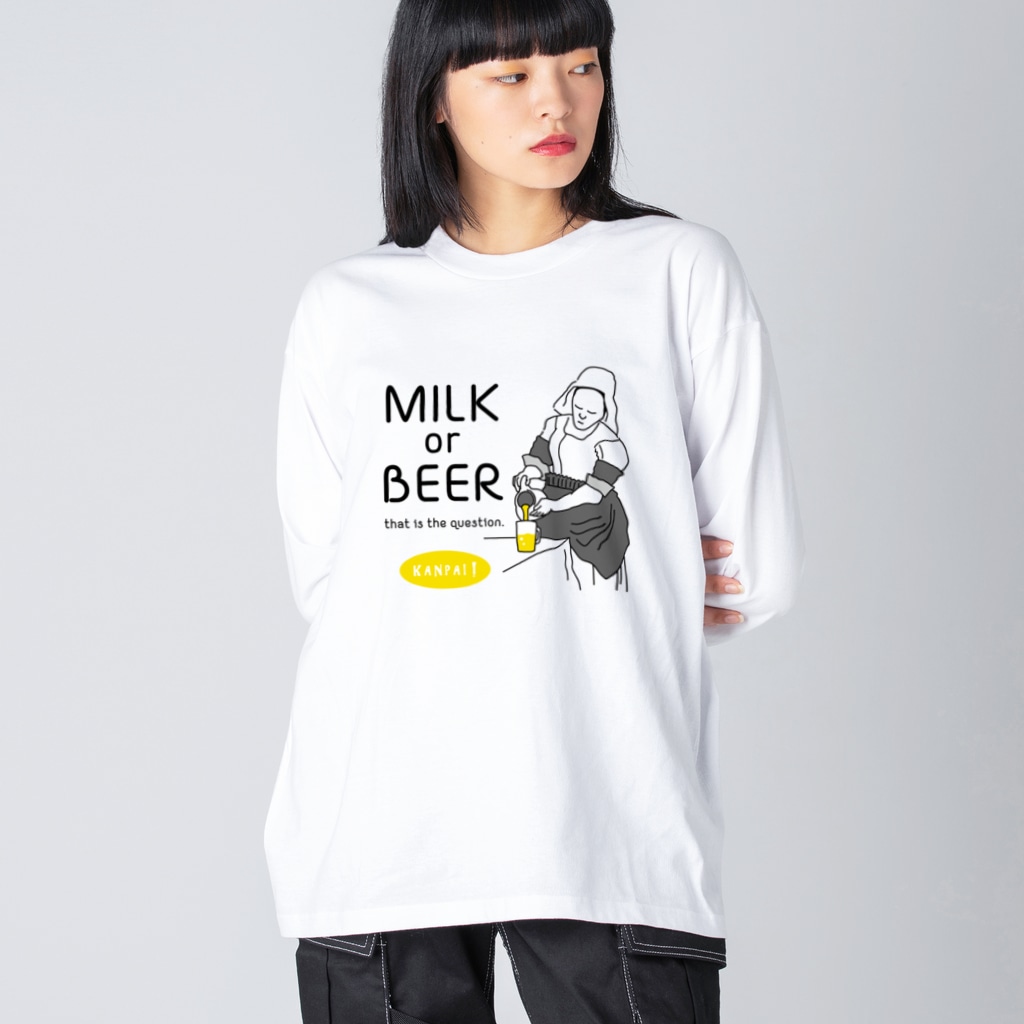 TM-3 Designの名画 × BEER（牛乳を注ぐ女・牛乳かビールか、それが問題だ。）黒線画 Big Long Sleeve T-Shirt