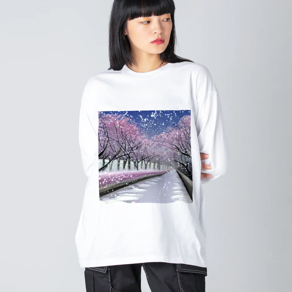 Yossy's Item Factoryの夜の桜並木に雪 Big Long Sleeve T-Shirt