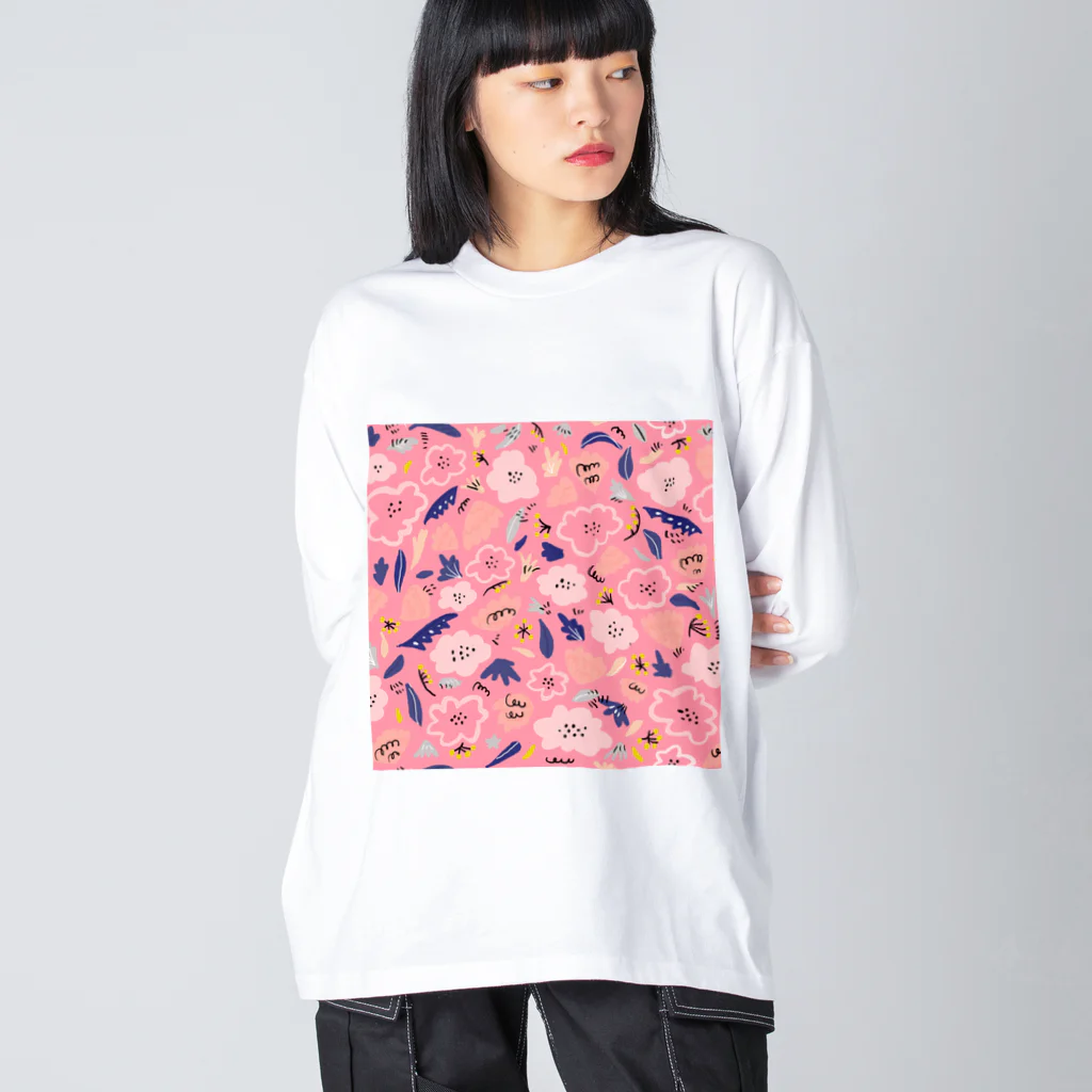 Katie（カチエ）の抽象的な手描きの花柄（ピンク） ビッグシルエットロングスリーブTシャツ