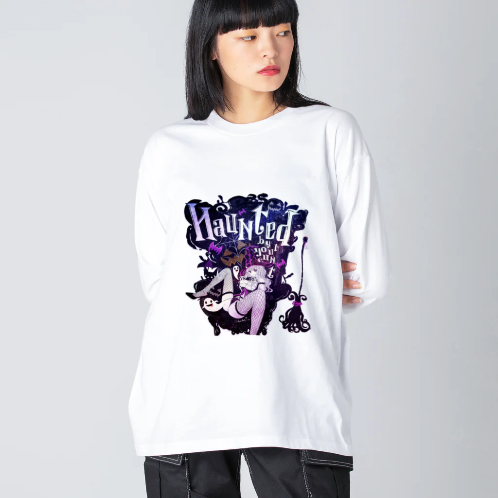 loveclonesのHAUNTED ハロウィンお化けと魔女の黒椅子 ビッグシルエットロングスリーブTシャツ