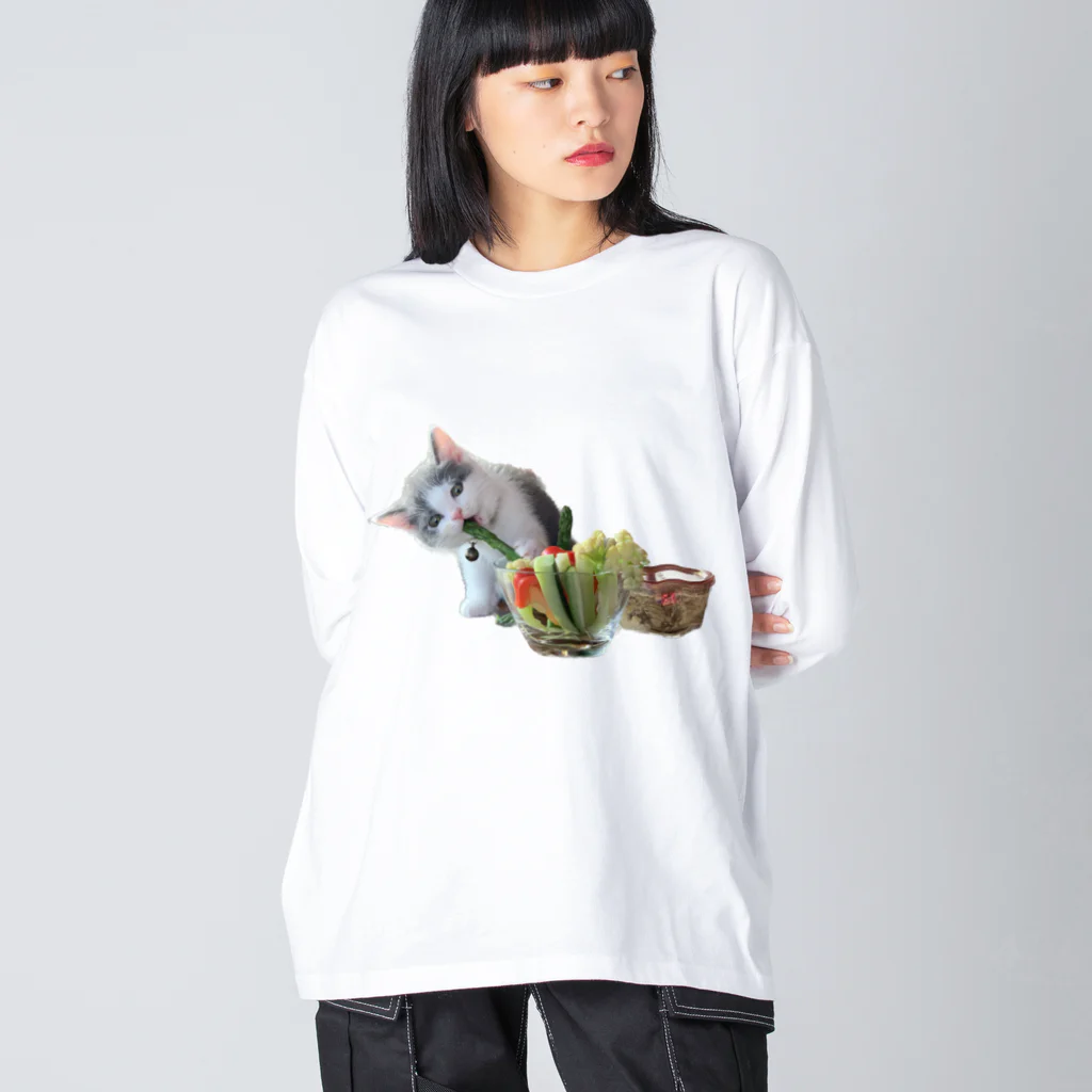 いくママ 猫との毎日の野菜とおにぎり ビッグシルエットロングスリーブTシャツ