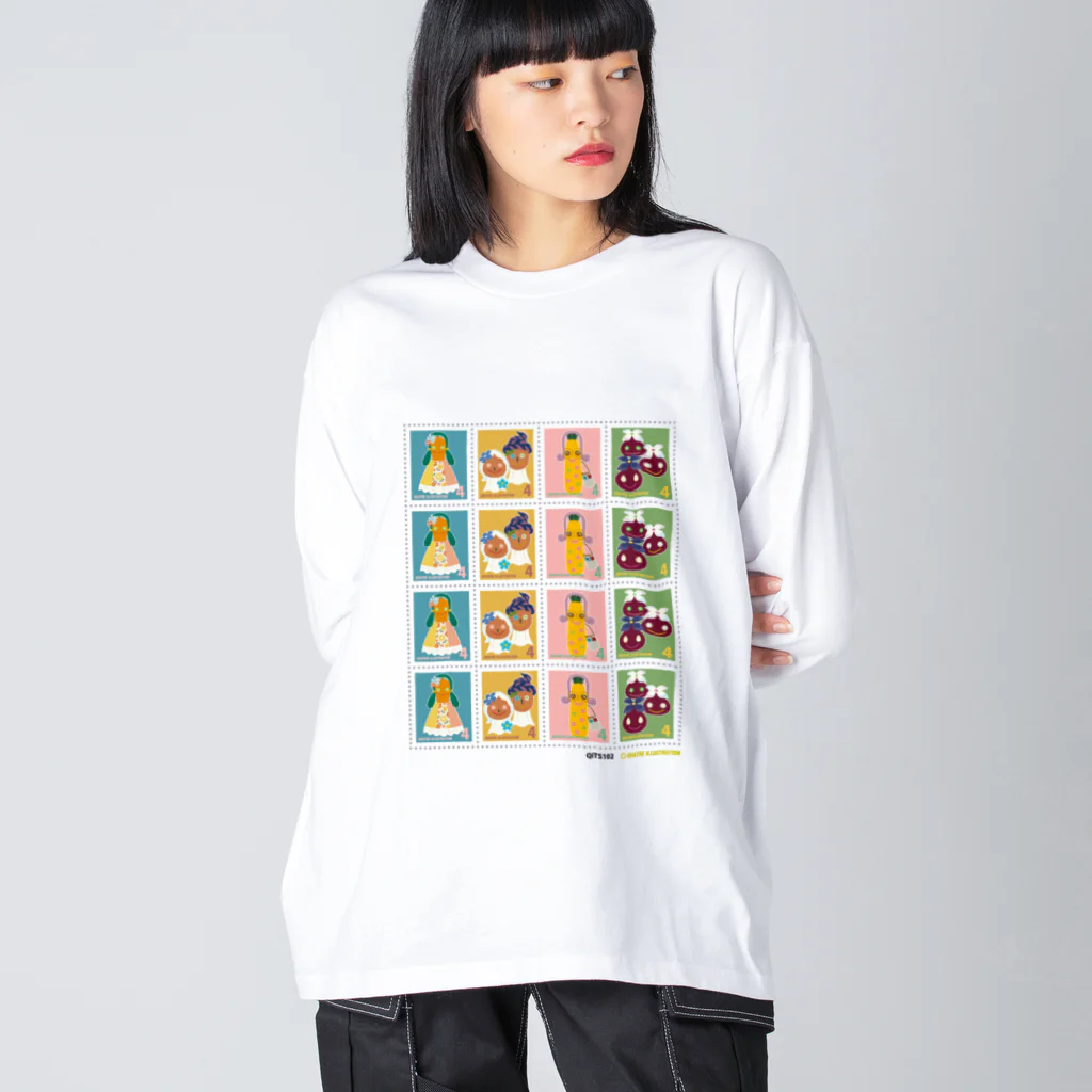 Quatre Illustrationのキャトル切手_お野菜ファッションショーA 4×4 ビッグシルエットロングスリーブTシャツ